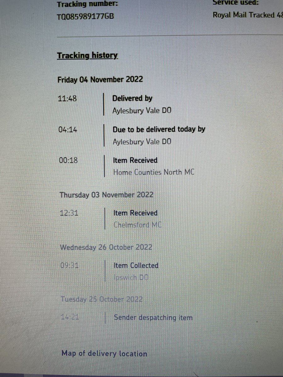JohnoJC's tweet photo. @RoyalMailHelp @RoyalMail Tracked 48 collected by IpswichDO on 26/10 &amp; allegedly reaches Chelmsford MC on 03/11 for outward processing. Not good enough unfortunately. https://t.co/9k4zy7R6Vi