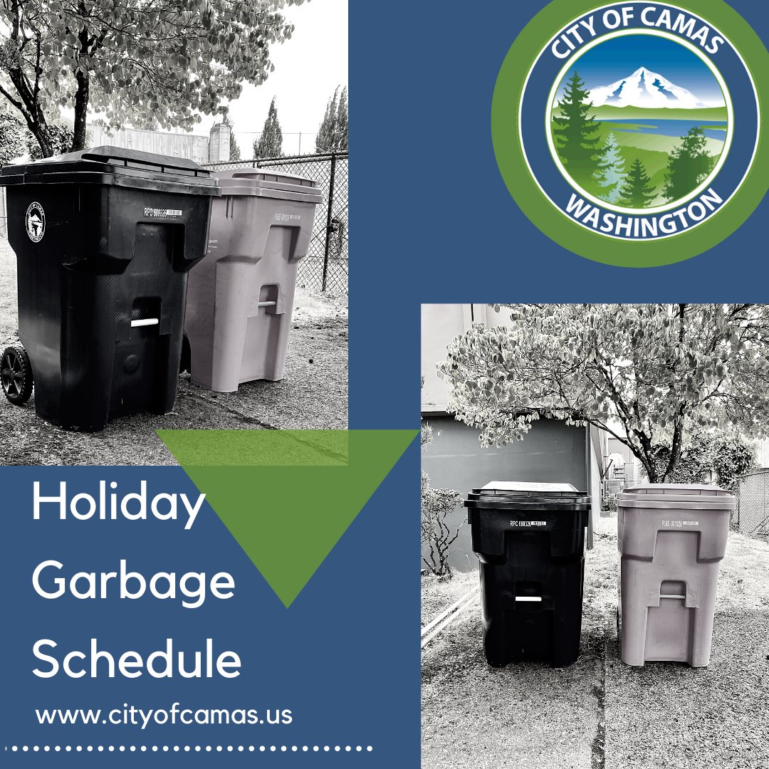No garbage collection Friday, Nov. 11, in honor of Veterans Day. Residents with Friday garbage collection will be scheduled for Monday, Nov. 14, and with regular Monday pick-up. Recycling and debris collection will be on normal pick-up day. More info @ cityofcamas.us/publicworks/pa…