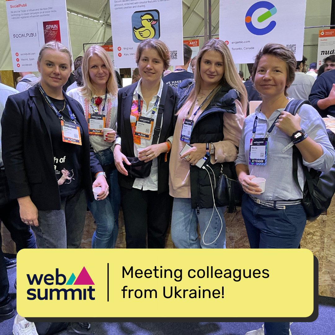 TinglDapp's tweet photo. What an unexpected surprise at @websummit! 
We met our colleagues from @Grammarly, @Propeople_Rec, and @Roi4Presenter 🔥

Always happy to realise that Ukraine has such top-notch companies and talented people! 

#WebSummit2022 https://t.co/12agxnFA6m