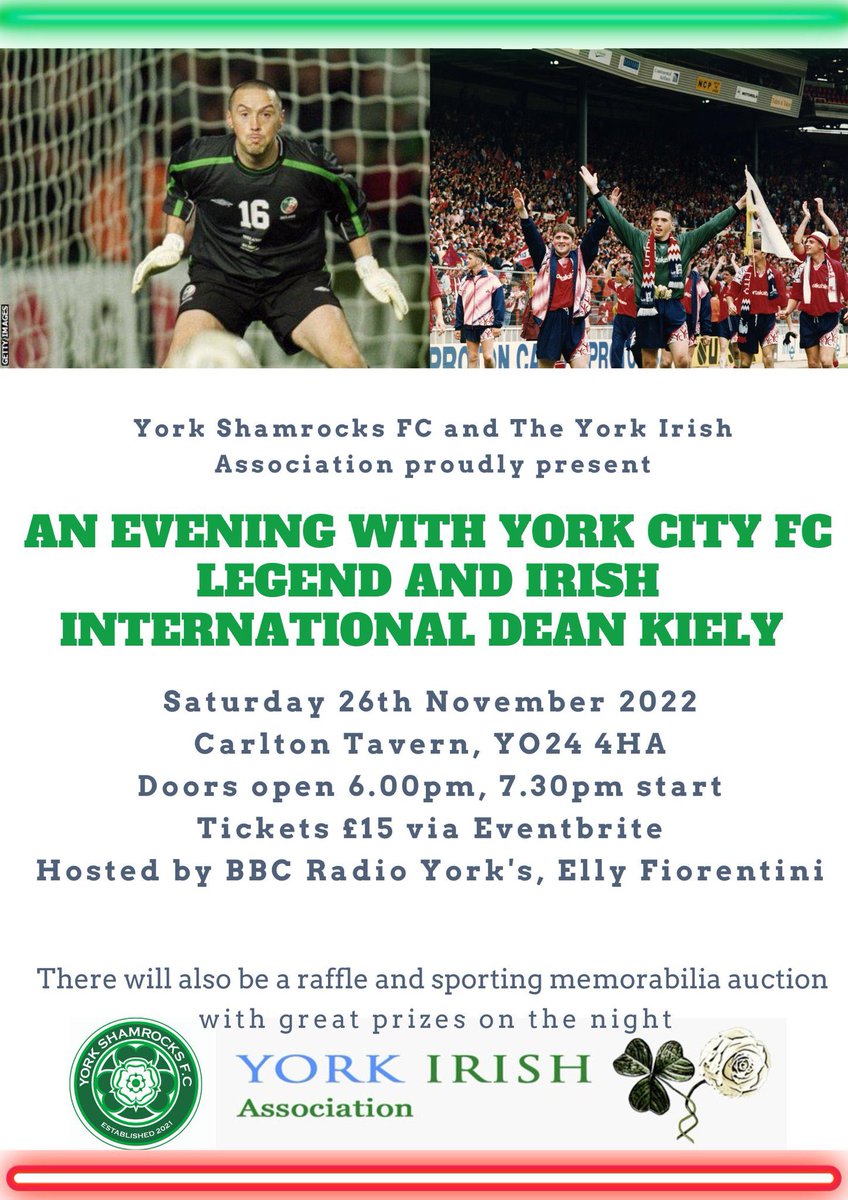Just over 3 weeks to go until our fundraiser evening with York City and Republic of Ireland legend <a href="/deankiely40/">Dean Kiely</a> 🟢⚪️

It’s sure to be a great evening with some brilliant prizes to be won on the night also 🙌

Get your tickets here 🎫

eventbrite.co.uk/e/an-evening-w…

#UpTheShamrocks☘️
