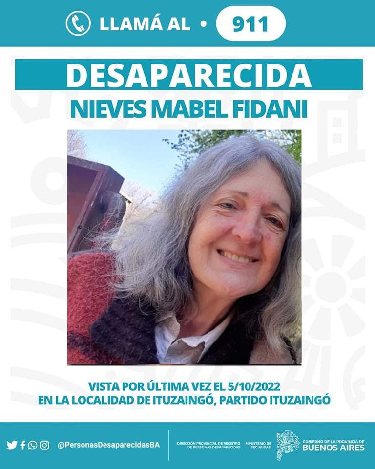 CrucesRodrigo's tweet photo. Desaparecida: Nieves Fidani (69 años). Se perdió. Puede estar en Ituzaingó o Flores. Llamar al 1130737210. https://t.co/ugFYpo5Fd8