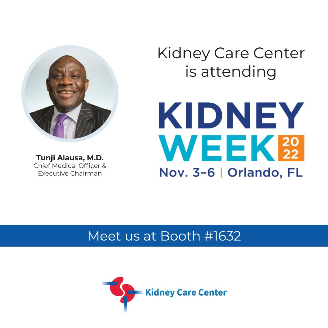 Dr. Tunji Alausa, Chief Medical Officer & Executive Chairman at KCC, is attending ASN Kidney Week. Feel free to swing by to say hello at booth #1632 

#KidneyWeek #2022KidneyWeek #KidneyWk #KCC #ASN #ASNkidneyweek #KidneyCare