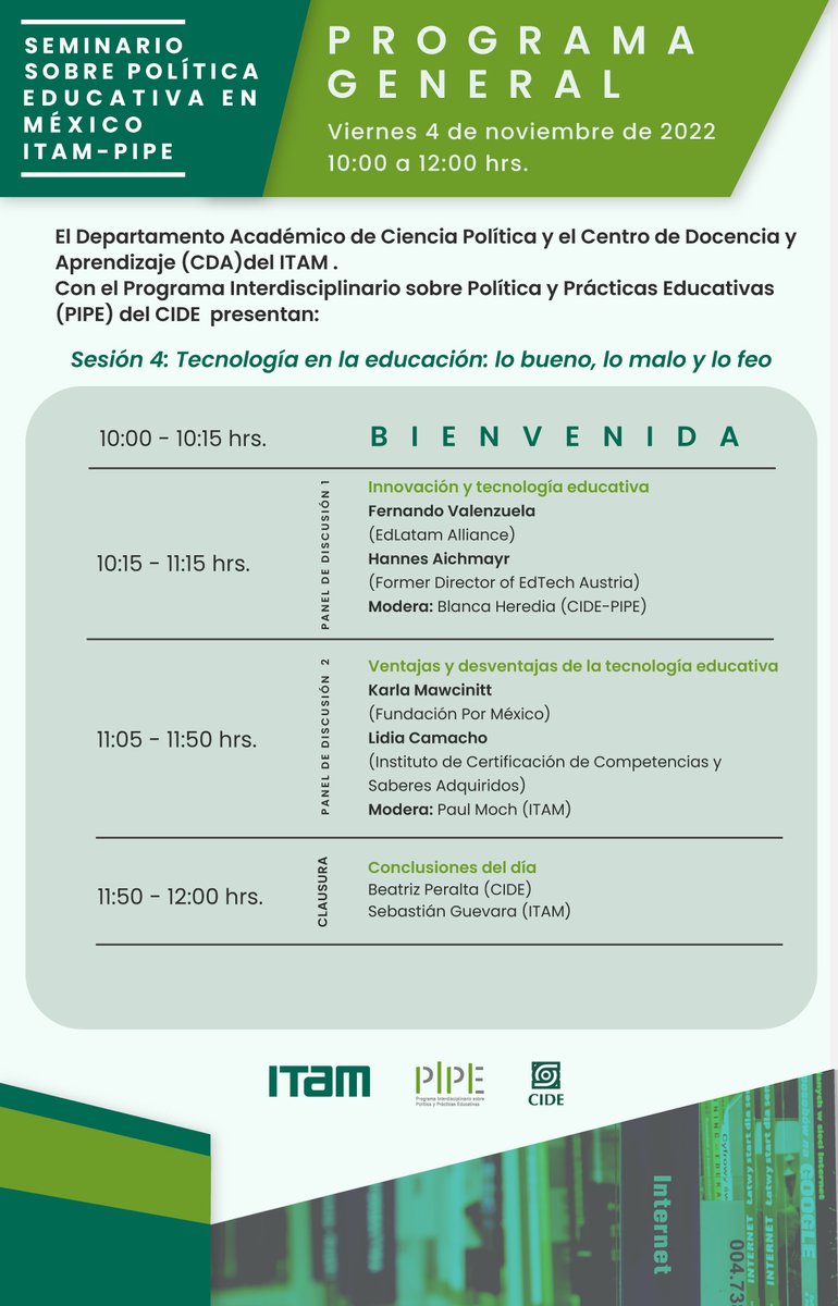 PIPECIDE's tweet photo. La sesión Tecnología en la educación: lo bueno, lo malo y lo feo, del Seminario sobre Política Educativa en México @itam_mx - PIPE, estará arrancando en punto de las 10:00 a.m. 
Sigue la transmisión en vivo en nuestro canal de YouTube: https://t.co/f00JyO2ekA https://t.co/z0So7nJvzW