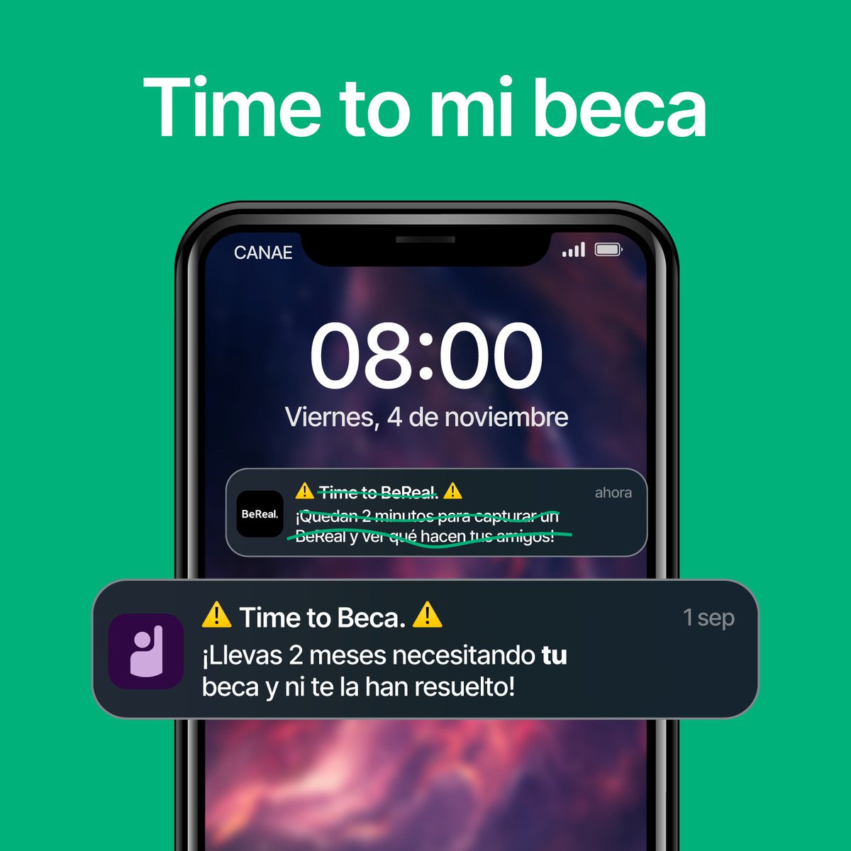 Sabemos que a ti también te gusta #Bereal 😊 pero... ¿a que conocías #TimeToMiBeca, pero no lo sabías? 📚

Pues sí, a ningún estudiante como tú 👩‍🎓👨‍🎓 le ha llegado la resolución definitiva de la beca📄