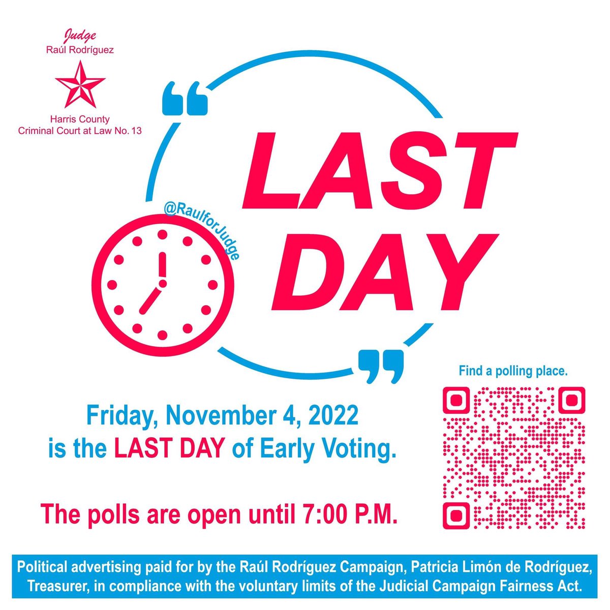 Tonight, Friday, November 4, 2022 is the LAST DAY to vote early. You have about 3 hours left to vote today. Make it count. Find a polling location, and get it done. harrisvotes.com/Polling-Locati… The lines may be longer on Election Day. Save time. #Vote early today.