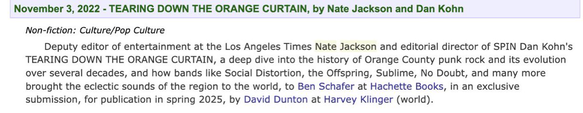 Nate Jackson (@njacksonjourno) on Twitter photo Iām officially writing my first book! Looking forward to telling the history of OC Punk with my amigo <a href="/danielkohn/">Daniel Kohn</a>. Thank you <a href="/HachetteUS/">Hachette Book Group</a> our editor @Bschafer714 and agent <a href="/DavidDunton/">David Dunton</a> for seeing the vision and believing in us! Iām officially writing my first book! Looking forward to telling the history of OC Punk with my amigo <a href="/danielkohn/">Daniel Kohn</a>. Thank you <a href="/HachetteUS/">Hachette Book Group</a> our editor @Bschafer714 and agent <a href="/DavidDunton/">David Dunton</a> for seeing the vision and believing in us!