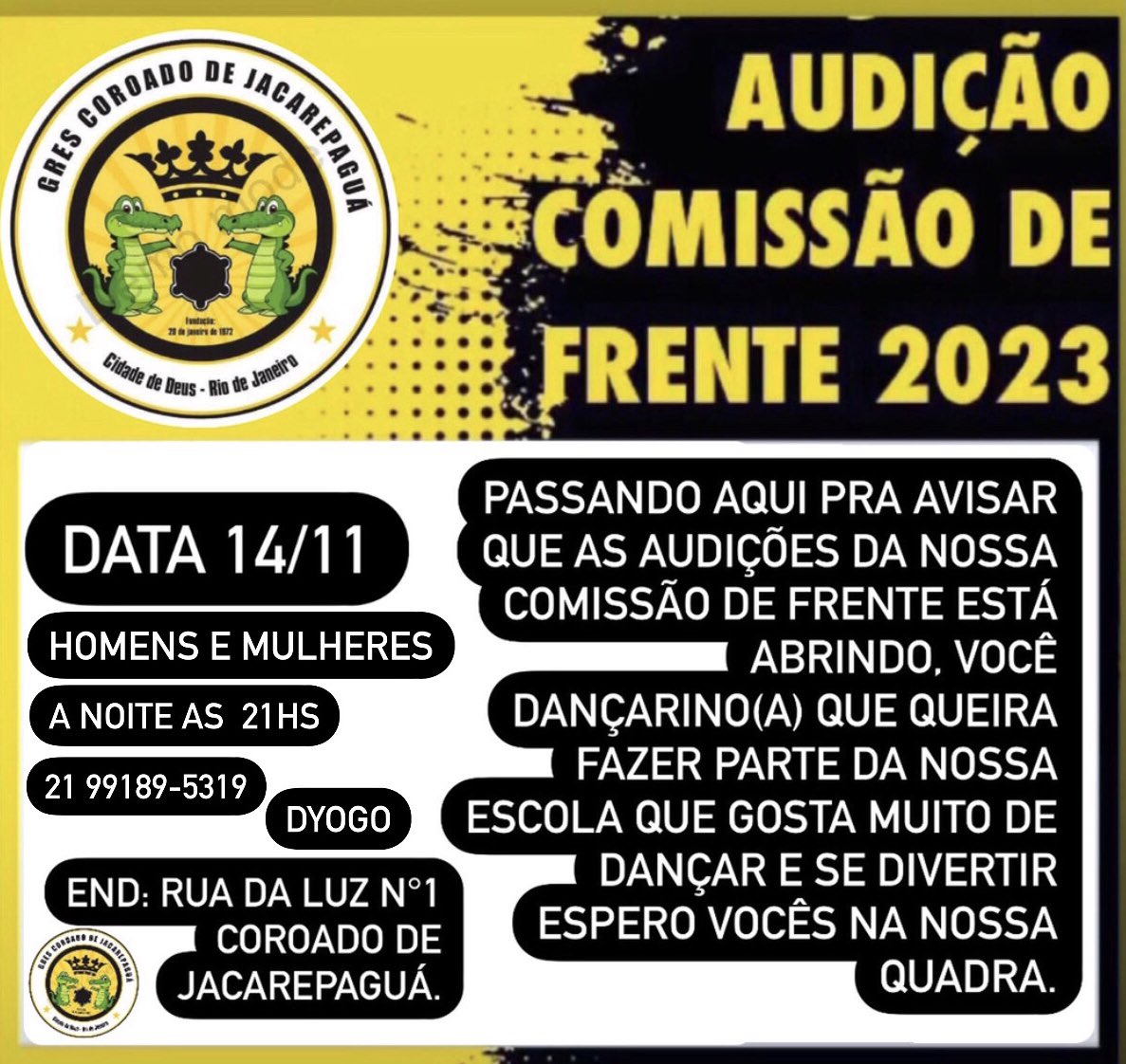 coroadojpa's tweet photo. Você que tem um sonho de participar de uma comissão de frente, essa é a sua oportunidade!
Dia 14/11, às 21:00 horas, na Rua da Luz, n°1 - Cidade de Deus, nosso coreógrafo estará realizando uma Audição, venha você participar!

#audição #comissãodefrente
#carnaval2023 https://t.co/rW82nog6FO