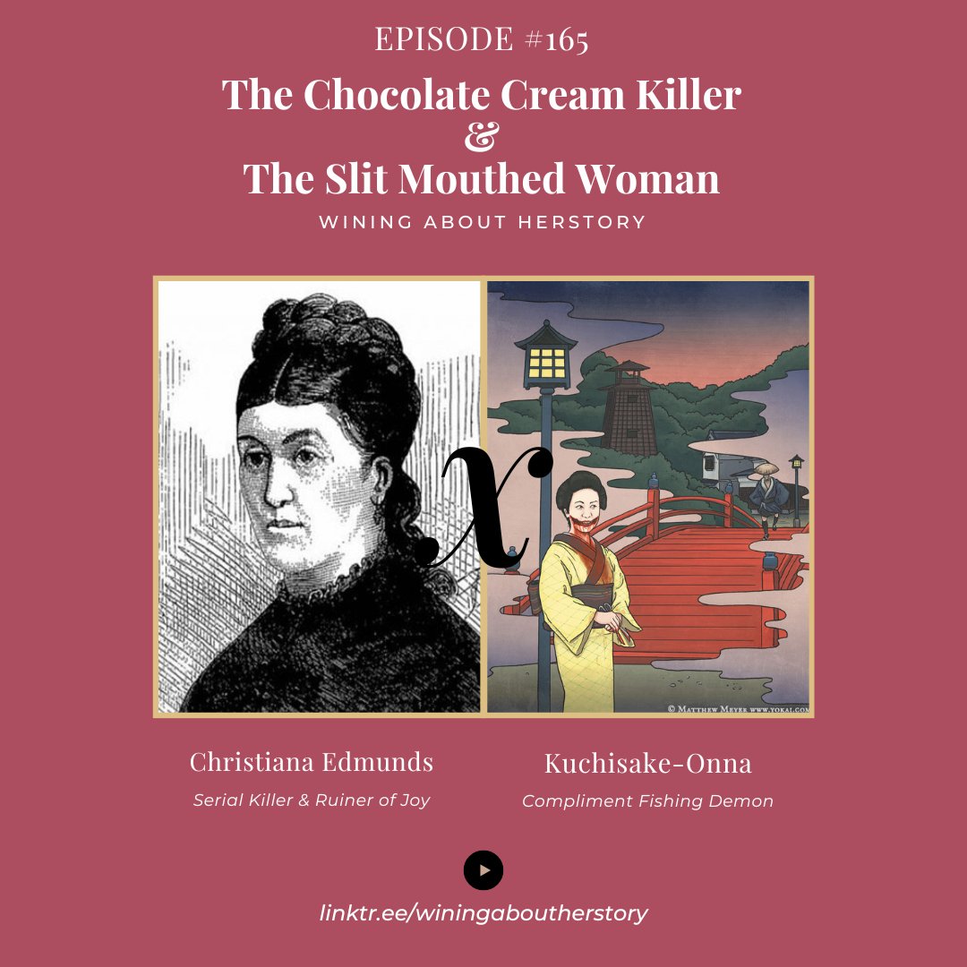 ☠️Ep 165☠️ Kelley covers #ChrsitianaEdmunds who was so hung up on her married lover that she poisoned his wife & strangers through candy fraud. Emily covers #KuchisakeOnna, an insecure demon who asks victims two simple questions with deadly results. Listen now! #HERstory