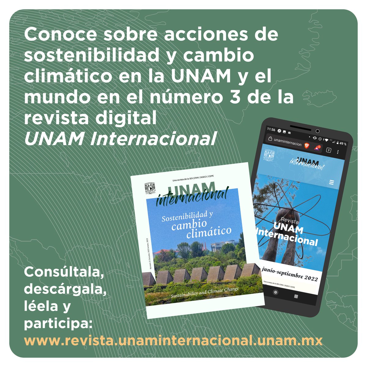 En las secciones: Encuadre, Entrevista, Entérate, Extensión, Experiencias y Enfoque podrás leer artículos de interés sobre sostenibilidad y cambio climático.

✨Lee todos los artículos de este tercer número: Sostenibilidad y cambio climático en: revista.unaminternacional.unam.mx