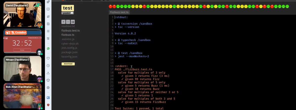 davidcampey's tweet image. Burning the mid-night (CET) / mid-afternoon oil (EST)

T+8h51m: fizz-buzzing in a cyber-dojo ensemble with @CuriousAgilist @nhajratw (and another who prefers anonymity)
@coderetreat #gdcr