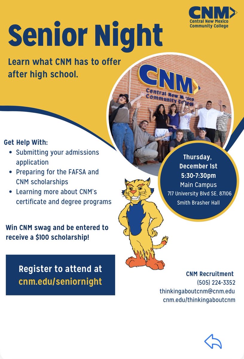EldoCounseling's tweet photo. Seniors, considering college at CNM? Don’t miss this! Be sure to RSVP. https://t.co/bJkfkhMdAj