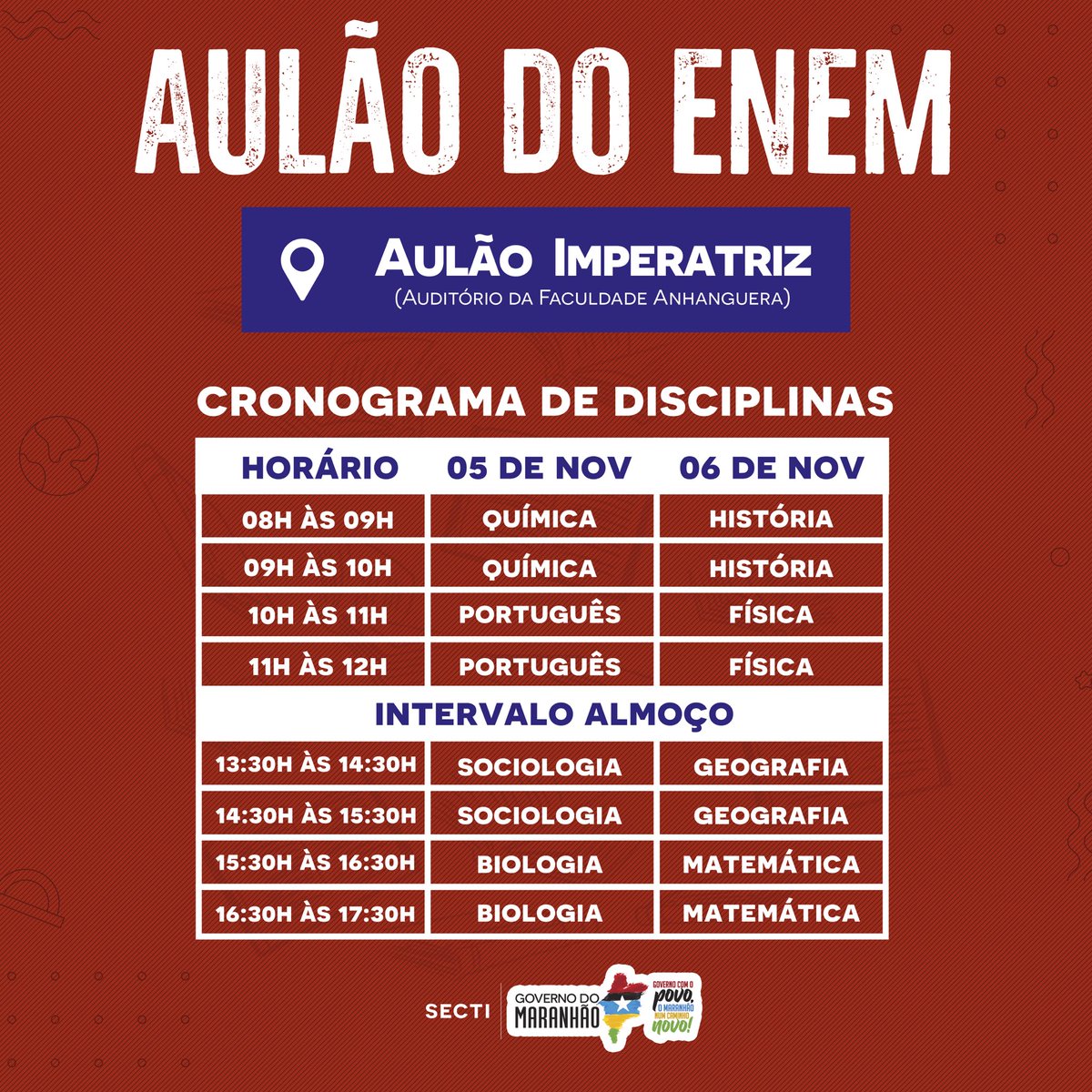 SectiMaranhao's tweet photo. Neste final de semana teremos #AulãoDoEnem em São Luís e em Imperatriz. Fique ligado nas matérias e nos horários que irão acontecer as aulas e bons estudos! 

@GovernoMA #SectiMa https://t.co/4GscV7xoqD