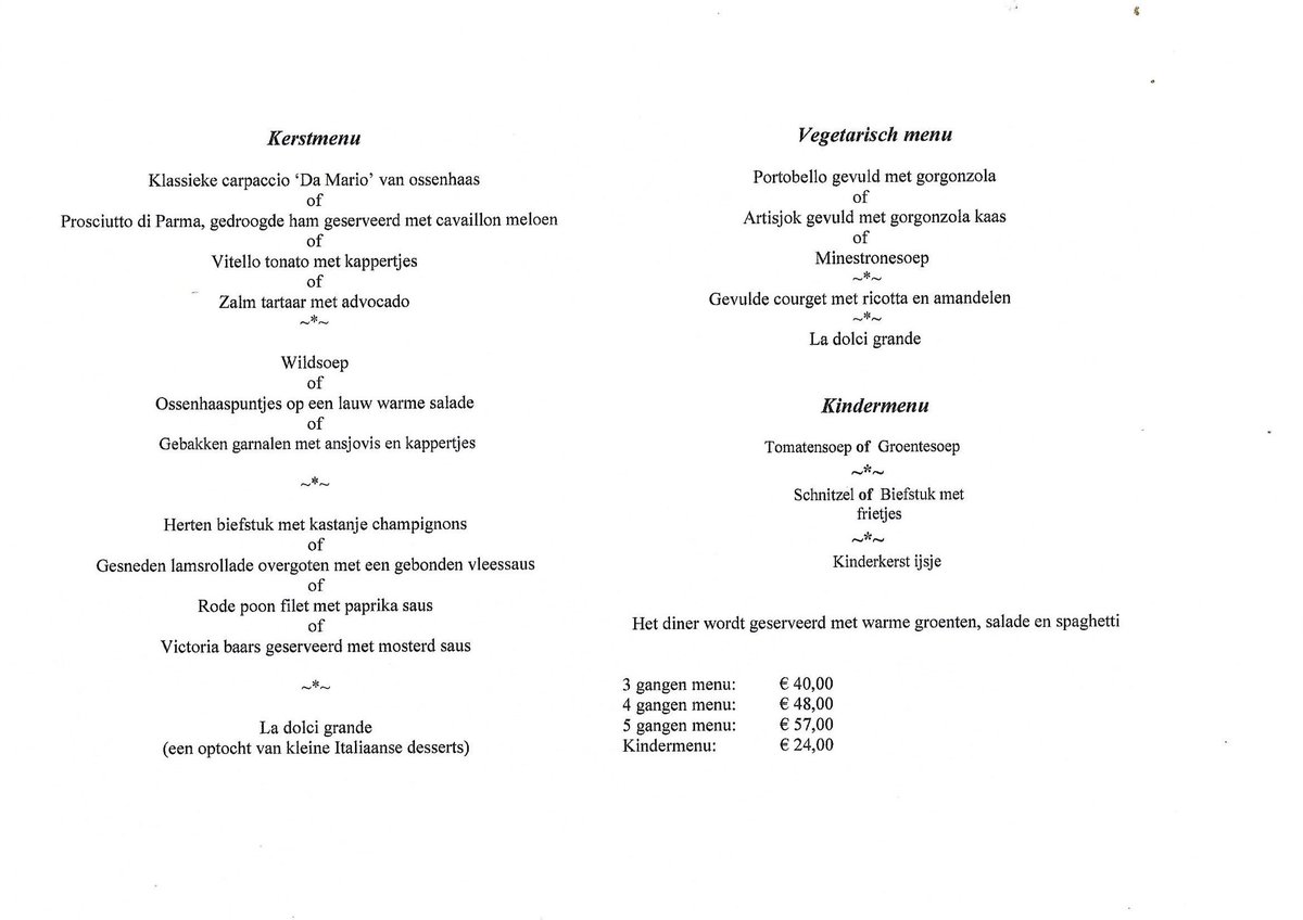 Damariodeventer's tweet photo. 🎄 Kerst menu Da Mario 

De reservering stromen al binnen en daarmee ook de vraag naar ons kerst menu Hier is hij dan!  Onze chefs hebben hun best gedaan om er een heerlijk menu van te maken.Wij serveren dit menu op 1e en 2e kerstdag vanaf 17:00! Reserveer snel uw tafel! #kerst https://t.co/5vxN9tuLLB