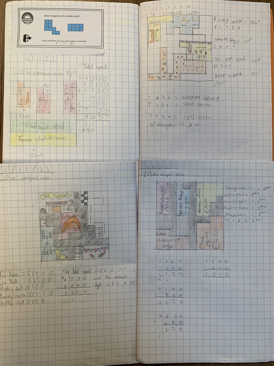 MrMJEllis's tweet photo. Why not create a fairground?🎢🎡🎠

Comparing area, ➕and ➖ work in our last area lesson.

The ch loved creating their own school fete using a 10x10 grid. Numicon helped to manipulate the space and work out how to fit rides into a given area. They then presented it in books https://t.co/pb56CGXLhI