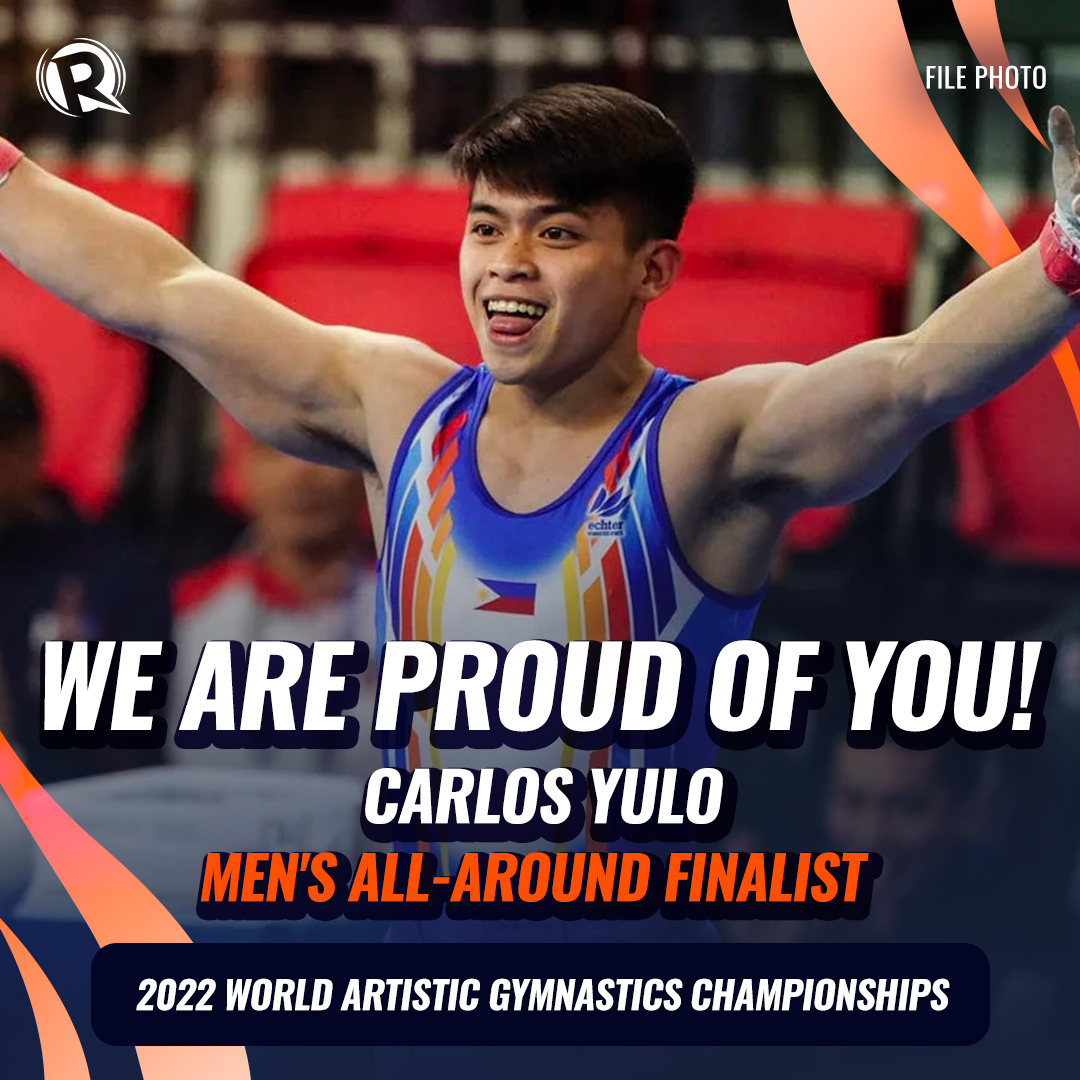 rapplerdotcom's tweet photo. WE ARE PROUD OF YOU, CALOY! 🇵🇭

JUST IN. Philippines' Carlos Yulo lands at 8th place in the men's all-around finals of the World Artistic Gymnastics Championships. 

#WGC2022 https://t.co/bZASEAISRI https://t.co/2JMHzZMoFr