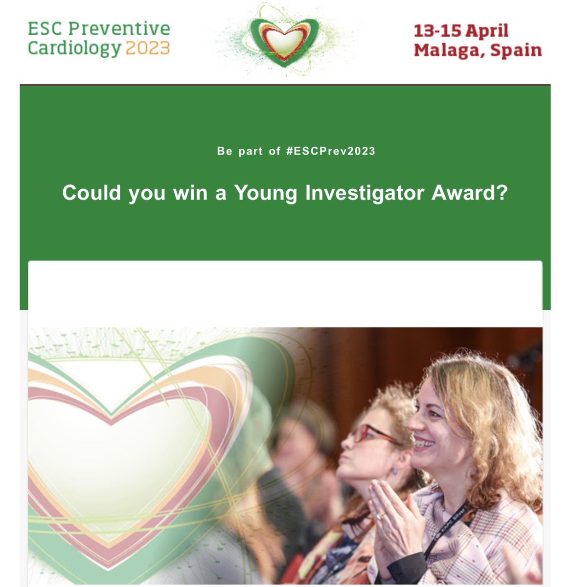 There are still a few days until the closing of the abstract registration session for the European Congress of Preventive Cardiology (13-15 April, Malaga, Spain). Deadline 7NOv. For young researchers there is an award session - Young Investigator Award Session. 💚 #EAPC