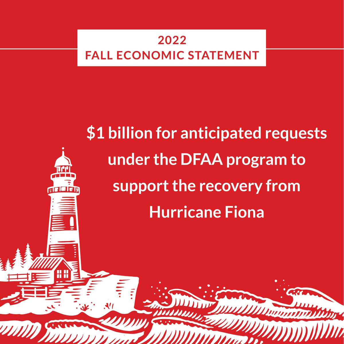Our government will be there for Canadians affected by Hurricane Fiona for as long as it takes. That's why the 2022 Fall Economic Statement establishes a provision of $1 billion through the Disaster Financial Assistance Arrangements program to respond to requests from provinces.