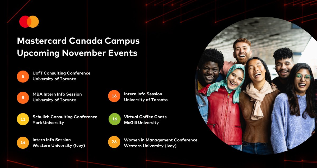 👋 Meet Mastercard Canada this November! Check out our upcoming Campus visits and discover limitless growth opportunities in shaping the future of payments technology. Learn more about our #internship programs: bit.ly/3WvdJAe.