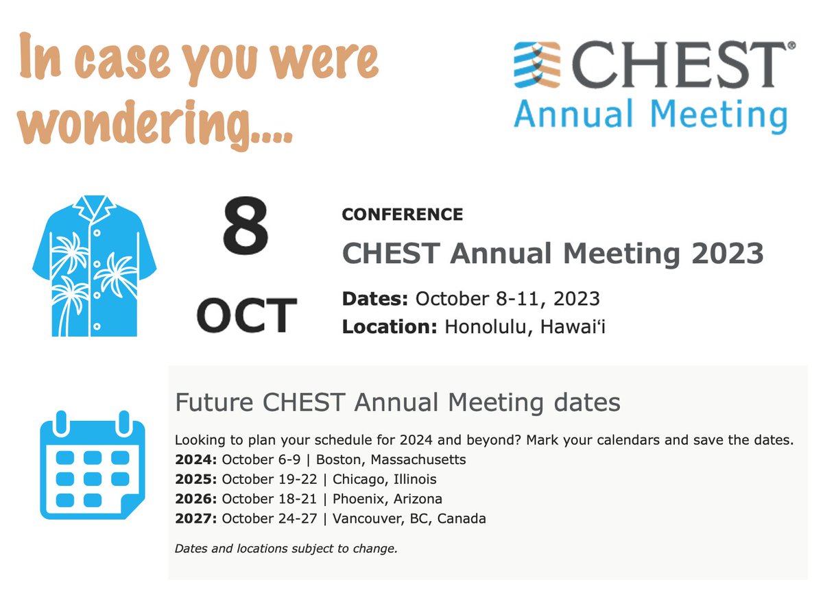 In case you were wondering where is the next CHEST annual meeting…🕶️☀️#CHEST2023 🏄🏝️ --> HAWAI”I

#CHESTTrainees #CHESTChallenge @accpchest @AventuraEM @AventuraIM  @hca_gme @atscommunity @atsearlycareer @sccmcriticalcare @MedTeachJournal