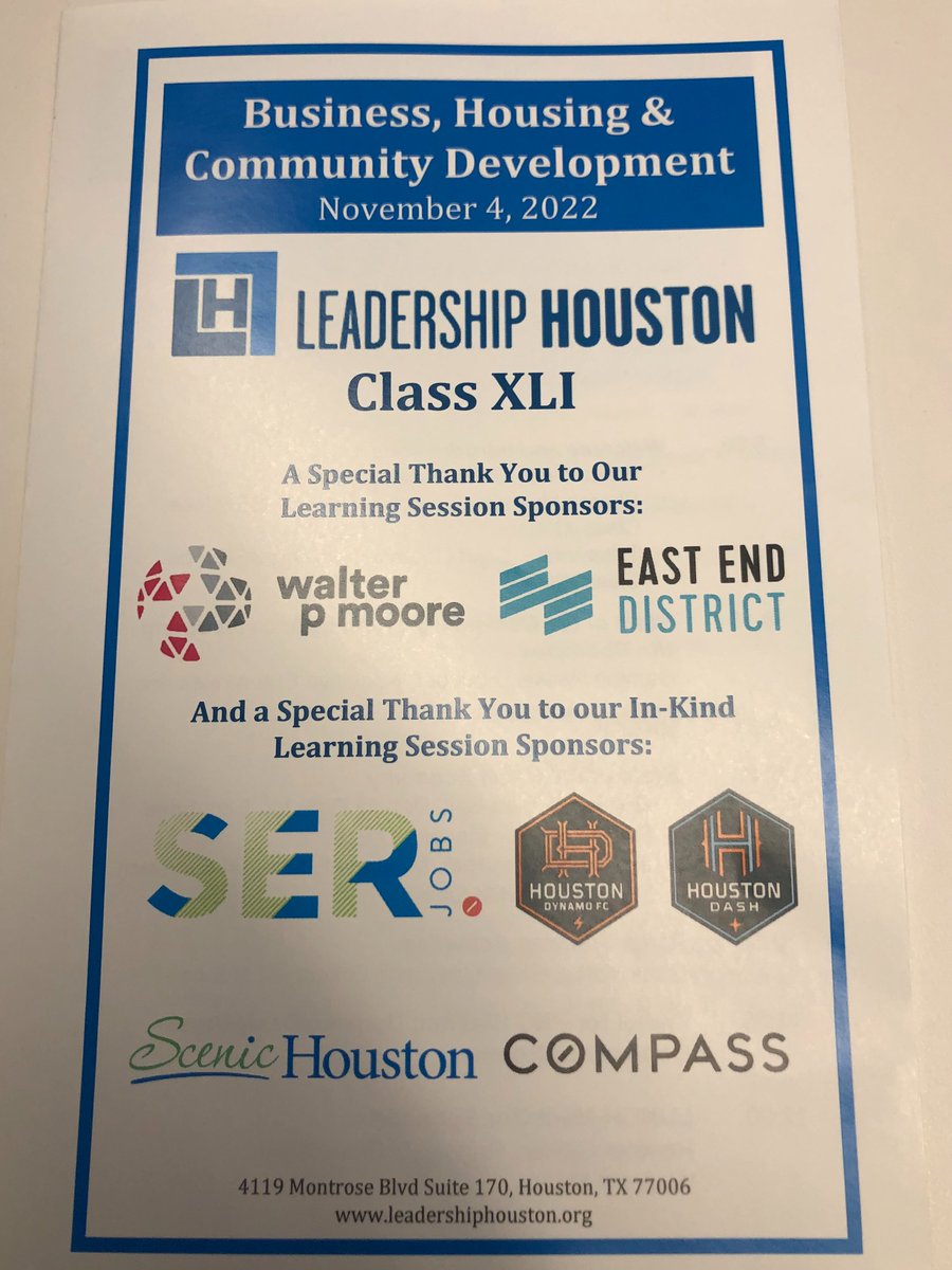 LeadershipHoust's tweet photo. A special that you to all of our Business, Housing & Community Development day supporters, including our Learning Session sponsors, @WalterPMooreEng & @EastEndDistrict! #LeadershipHouston #LH41 https://t.co/nHTS4l0hgo