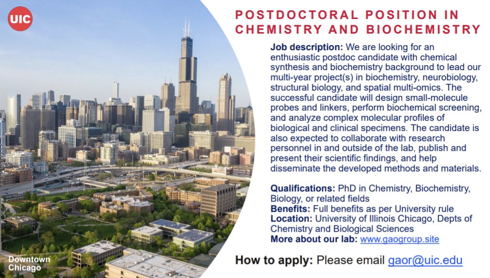 We are hiring a postdoctoral research associate with a background in chemical synthesis and biochemistry. Please email gaor@uic.edu to apply. Come join us in the windy city, #Chicago. Please RT. #postdocs #Chemistry #Job #Science