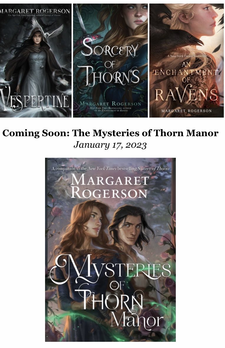 @MarRogerson has written a sequel to #SorceryOfThorns, one of my favorite fantasy books of all times. I'm so excited for #MysteriesOfThornManor to get here! Thank you so much Ms. Rogerson for writing this book!!!!#fantasy #greatreads #BookRecommendations