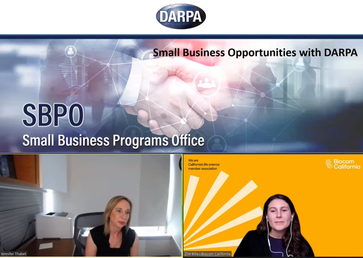 Biocom's tweet photo. Thank you Jennifer Thabet, Small Business Office Director @DARPA for an informative webinar on how to engage w/ DARPA and SBIR/STTR opportunities. Watch the recording: https://t.co/BKqo90q7FT
Meet #DARPAForward at their last CA event of 2022: https://t.co/zT9pOWMjop https://t.co/AMTSWCKsY1