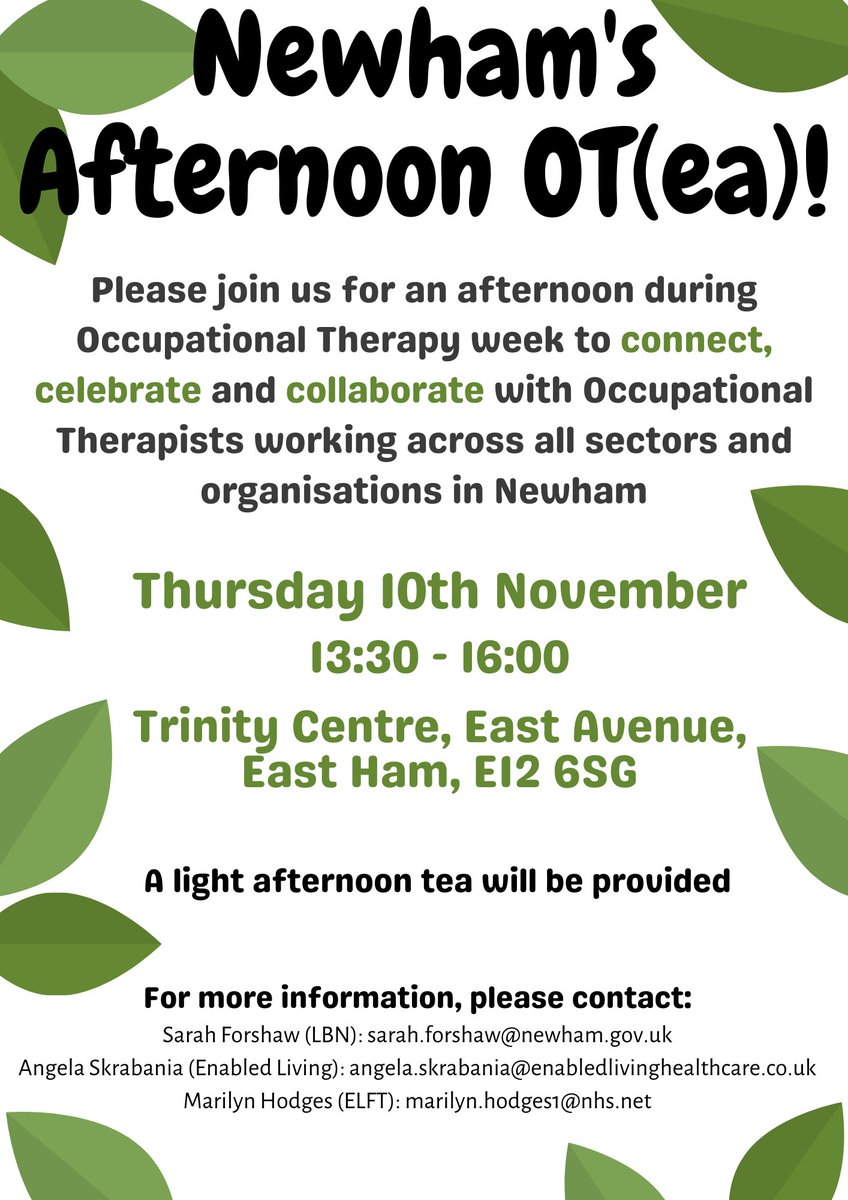 Don't forget...it's Occupational Therapy Week next week!!!

Looking forward to seeing you face to face at our Afternoon OT(ea)!💙🧡

#OTweek #ValueOfOccupationalTherapy #Newham #EastLondon