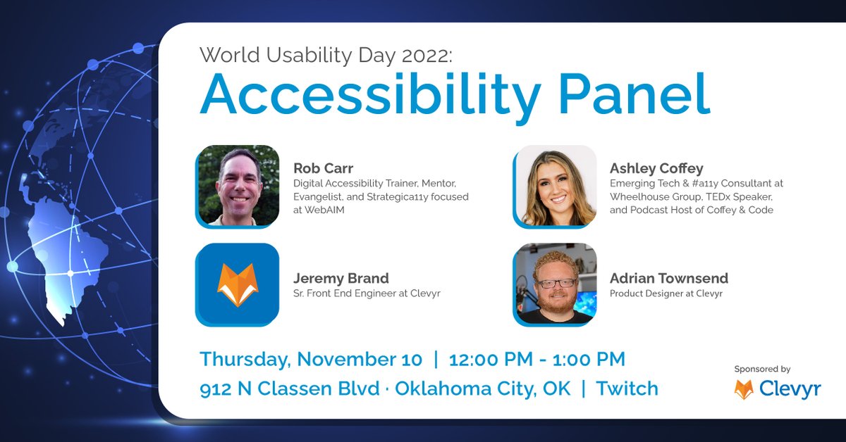 KMSeverin's tweet photo. OKC Design + Tech is excited to have Ashley Coffey, Rob Carr, Jeremy Brand, and Adrian Townsend join us to celebrate World Usability Day— November 10th, 2022. It's a hybrid event. Register  https://t.co/mgeECvWIer

@techlahoma 
#worldusabilityday #accessibility #productdesign https://t.co/J3gculoSw4