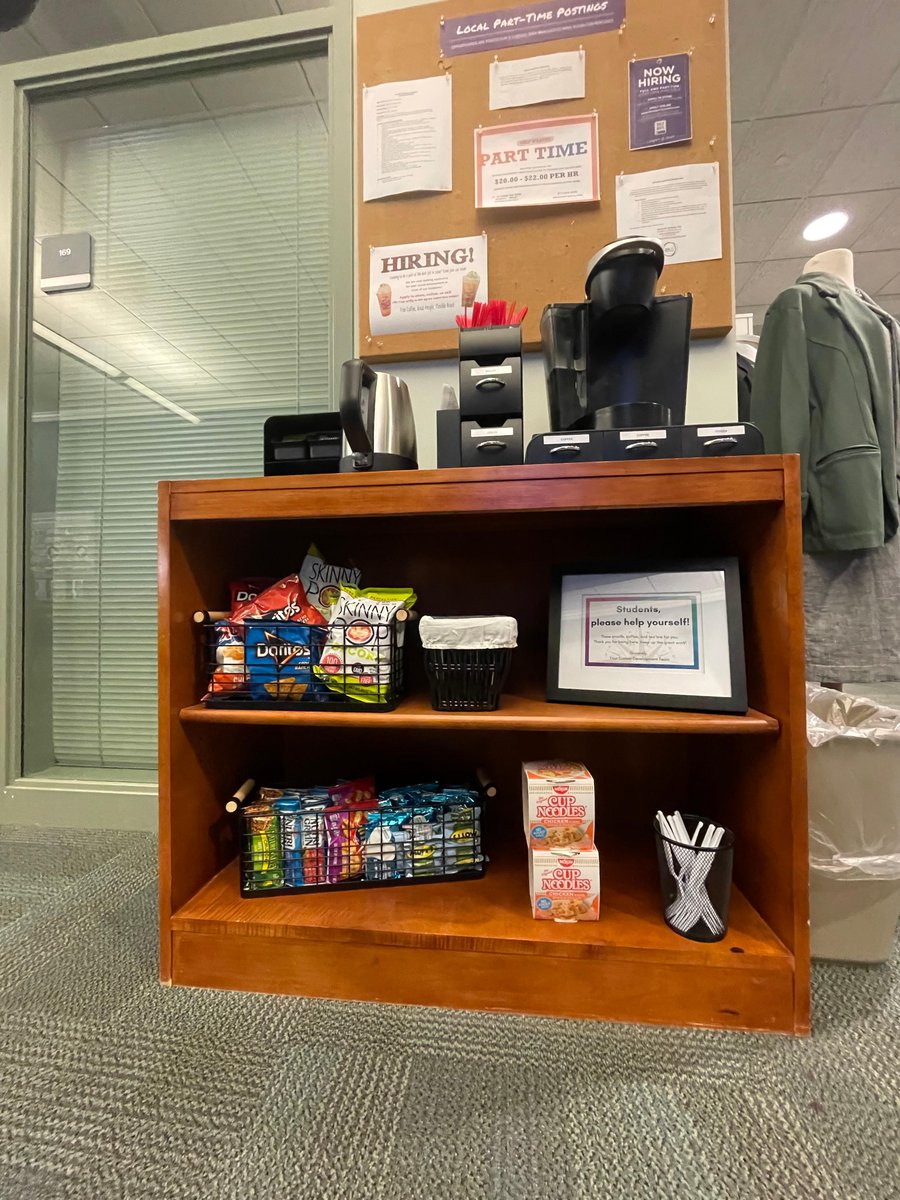 Have you had a chance to check out our snack station? 

This station offers students tea, coffee, snacks, and even ramen free of charge! 

Stop by the CDC Office today to see it in person.