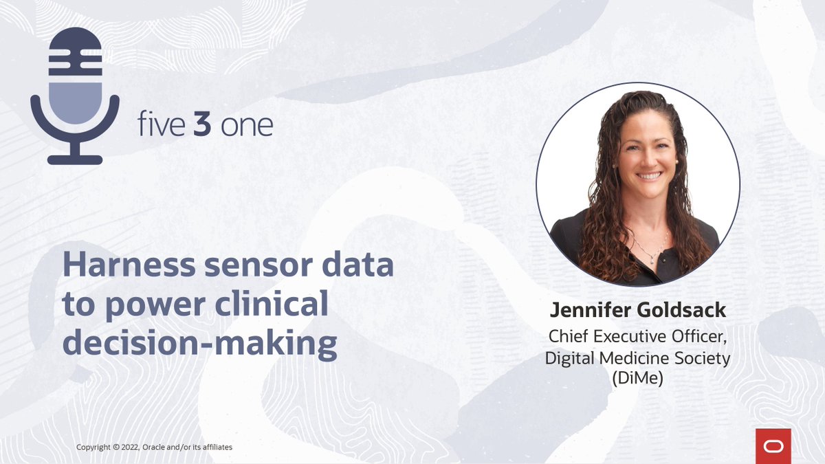 streeterjim2's tweet photo. @OracleHealthSci launched the Five3One Series! Episode #1 is live: 
5 – 5 minutes to listen to Jen Goldsack, CEO of DiMe 
3 – 3 key points on how to use sensor data to power clinical decision-making 
1 – 1 mission to enhance quality of life for patients
https://t.co/ppMb59aaih: https://t.co/WKWvvnwuYA