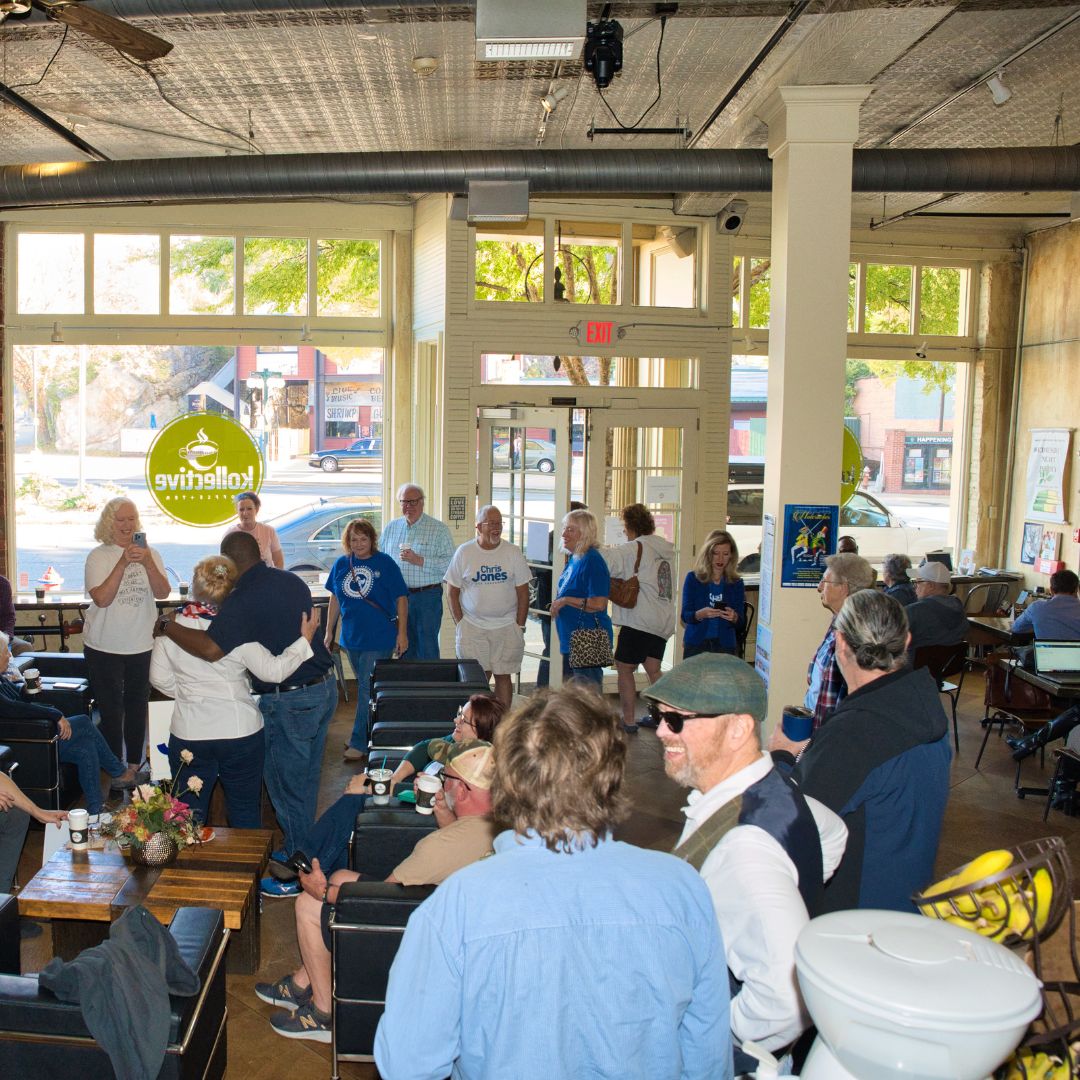 JonesForAR's tweet photo. The spirit of community at Kollective Coffee & Tea in Hot Springs is one I want to incorporate into our state politics. Together we can accomplish anything, which is why we must put #CommunityOverChaos and VOTE. https://t.co/aaA3JTuYcl