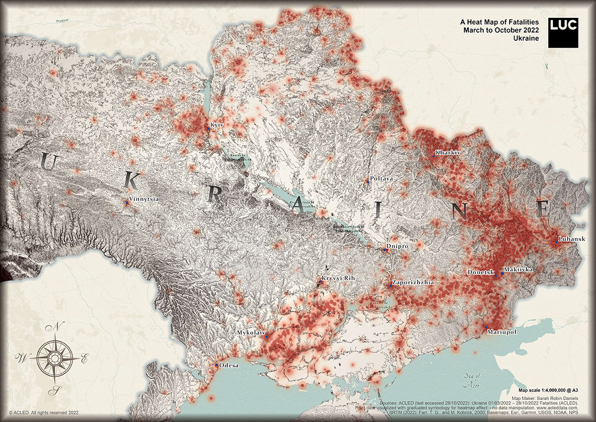 luctweeting's tweet photo. 5. 'Ukraine'

Looking ahead to Saturday for the #30DayMapChallenge, this entry was made by Sarah from our #GIS team 🗺️

Her #heatmap shows war-related fatalities in #Ukraine between March and October 2022, highlighted in red.

#GISchat #mapping #humanitarian #crisis https://t.co/vvB4f2PBwz