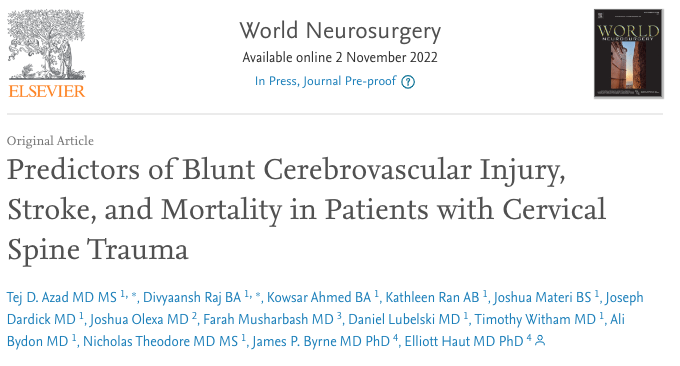Trauma pts need multiD care &amp; research. Work in <a href="/WorldNeurosurg/">World Neurosurgery Journal</a> ft. star MD students <a href="/Divyaansh_Raj/">Divyaansh (Divi) Raj</a> <a href="/kathleen_ran/">Kathleen Ran</a> 

Thankful for mentorship from <a href="/elliotthaut/">Elliott R Haut, MD, PhD, MAMSE</a> <a href="/DctrJByrne/">James Byrne MD PhD</a> <a href="/DrNTheodore/">Nicholas Theodore,MD</a> <a href="/TimWithamMD/">Timothy Witham MD</a> <a href="/DanielLubelski/">Daniel Lubelski</a> <a href="/HopkinsSpine/">Hopkins Neurosurgery Spine</a> @HopkinsSurgery <a href="/HopkinsJSCOR/">Johns Hopkins JSCOR</a>