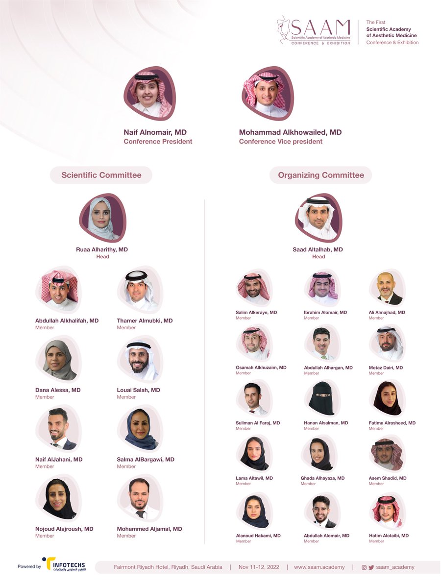 Meet the team!

Join us at the 1st Scientific Academy of Aesthetic Medicine Conference &amp; Exhibition

📌 Register Now : (infotechsevents.com/saam)
🗓 November 11-12, 2022
📍 Fairmont Riyadh Hotel
 
#SAAM_2022
#Dermatology