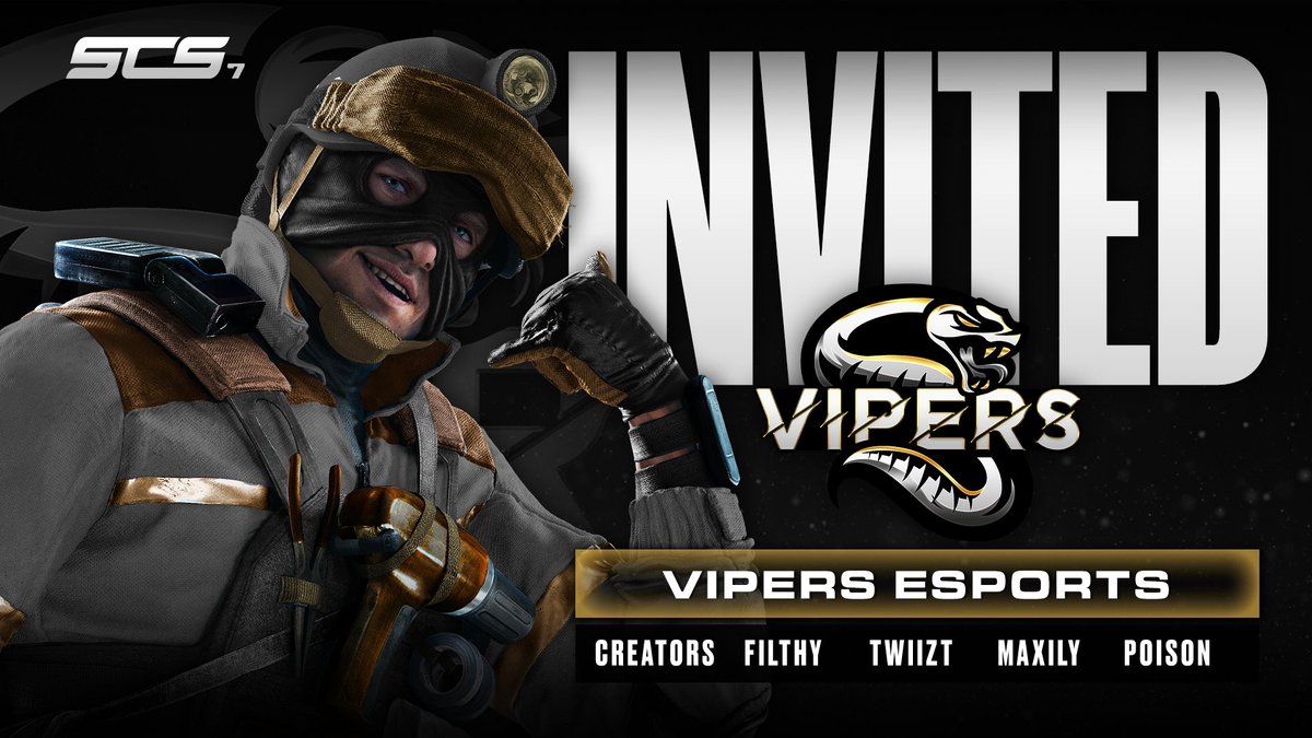 WELCOME INVITED TEAM #3!!! 🐍 @VipersLLC 👉 @CreatorsTh 👉 @FilthyFlexin 👉 @Twiiztt 👉 @Max1ly 👉 @PoisonR6S 🗒️ @WaspR6 More CL representation in #SCS7! SFCL5 Grand Finalists. Watch them live in the Main Event starting 29th. #MakeHisstory 🐍🐍