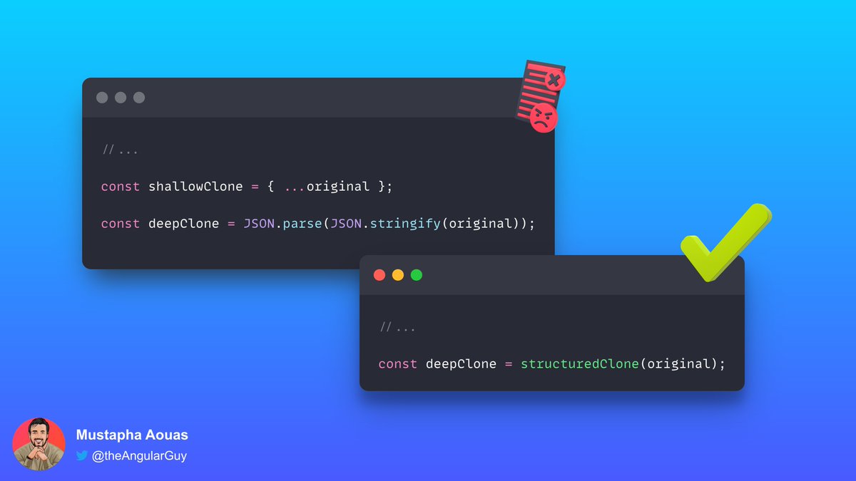 TheAngularGuy's tweet image. If you need to create a deep copy of a value in JS, structuredClone is your tool. A standard utility from the ECMAScript specification that allows tou to easily clone complex data structures without relying on workarounds or third-party libraries
#100daysofcode