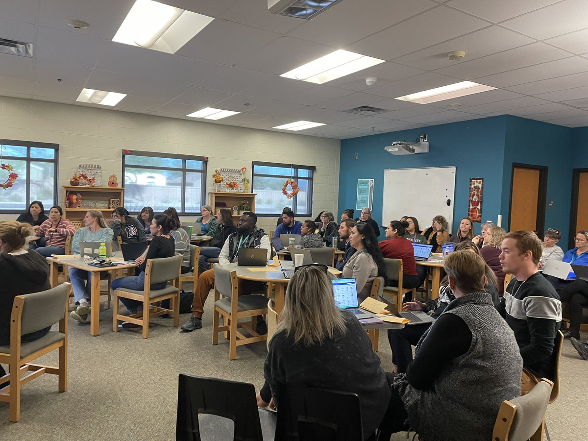 PrincipalPieper's tweet photo. It’s a full house!  All staff learning this morning around Tier 1 academic and behavior structures. Thank you, @BSachak for facilitating conversations and learning today. https://t.co/rOYDLi8TEK