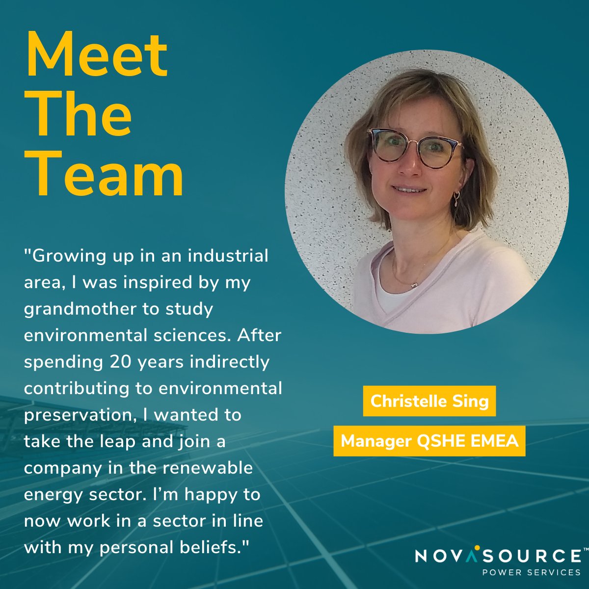 novasourcepower's tweet photo. Christelle Sing manages our QSHE operations in the Europe, Middle East and Africa regions. Quality, safety, health and environment are all central to what we do at NovaSource, and Christelle ensures they are always front of mind. https://t.co/XJNibH7hD9