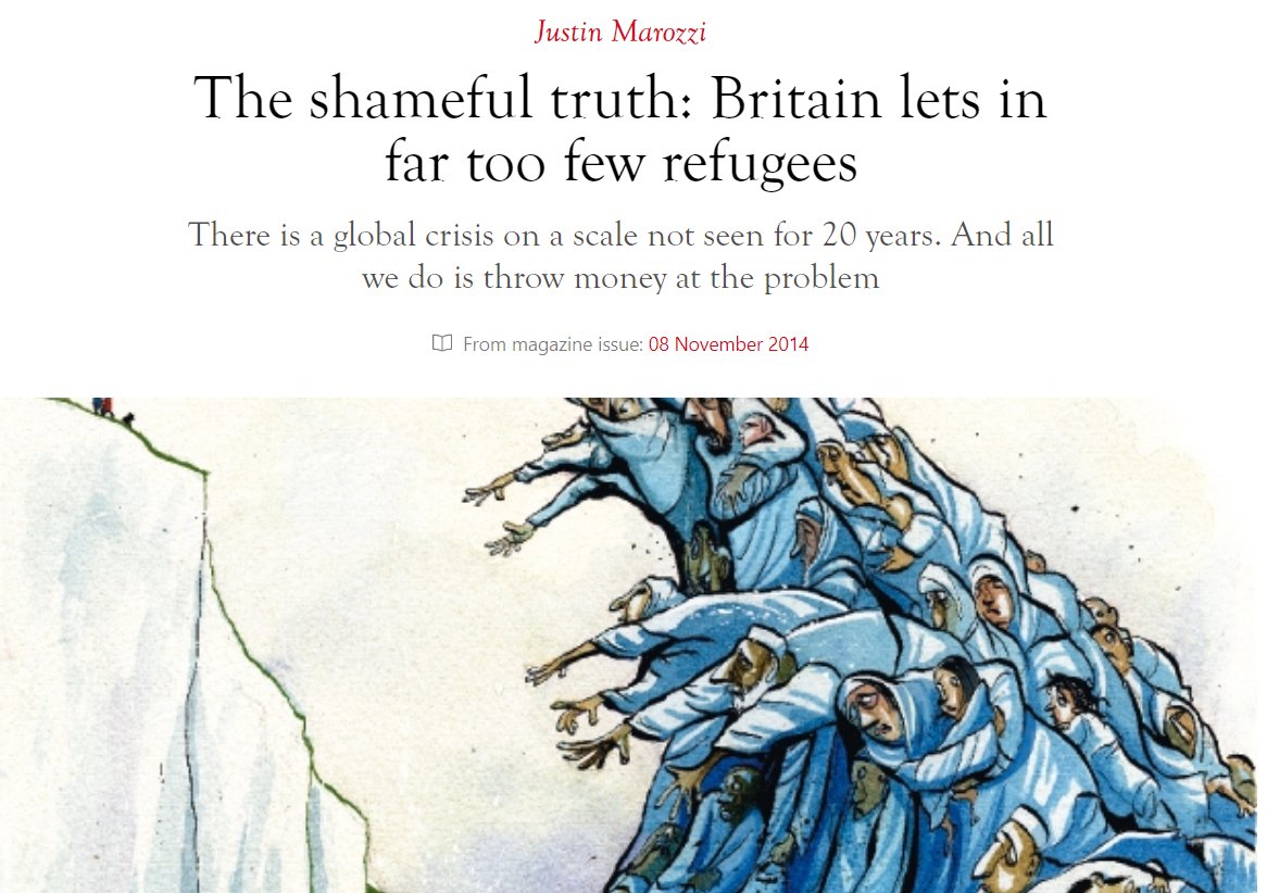 So, <a href="/beaubodor/">Beaubodor</a> has pointed me to something - the Spectator has taken this image from a pro-refugee article they ran *eight years ago* and stuck it on an *anti*-immigration piece 

Which, frankly, is wild