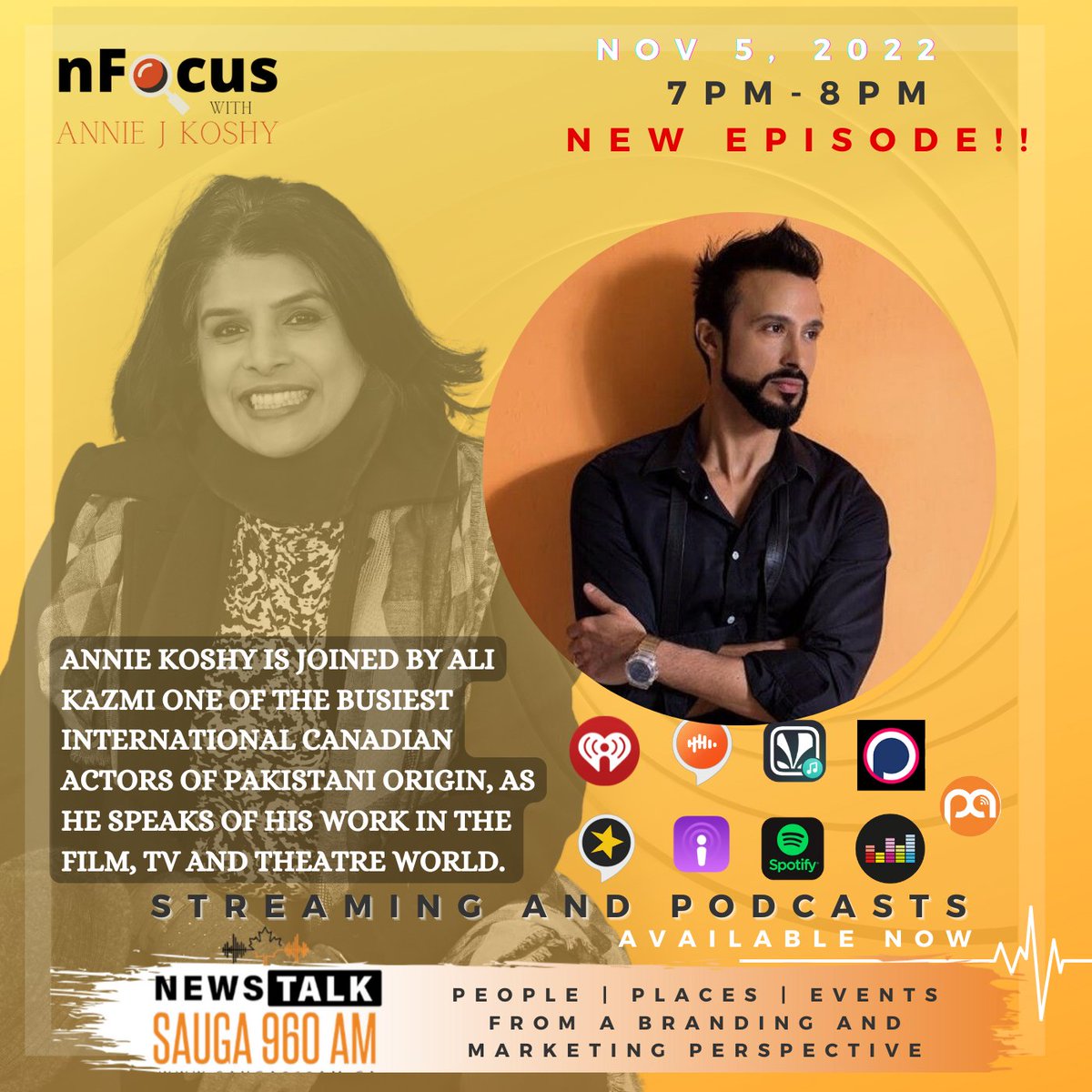 sauga960am's tweet photo. Join Annie on #Saturday November 5, 2022, from 7-8pm for #nFocus with @AnnieJKoshy on @sauga960am as she is in conversation with Ali Kazmi, one of the busiest international Canadian actor of Pakistani origin, who has created a name for himself with back to back Deepa Mehta ..1 https://t.co/5oFlgumRT7