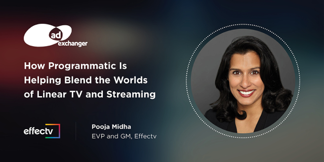 BrentSilacci's tweet photo. TV calls for a more nuanced approach to #programmatic advertising-- it’s just one hop away from doing a direct deal, which agencies are already used to. Read more about @Effectv GM Pooja Midha's perspective in this interview with @adexchanger #EffectvEmp https://t.co/A9QI8iCjFF https://t.co/BhwNDxlnid