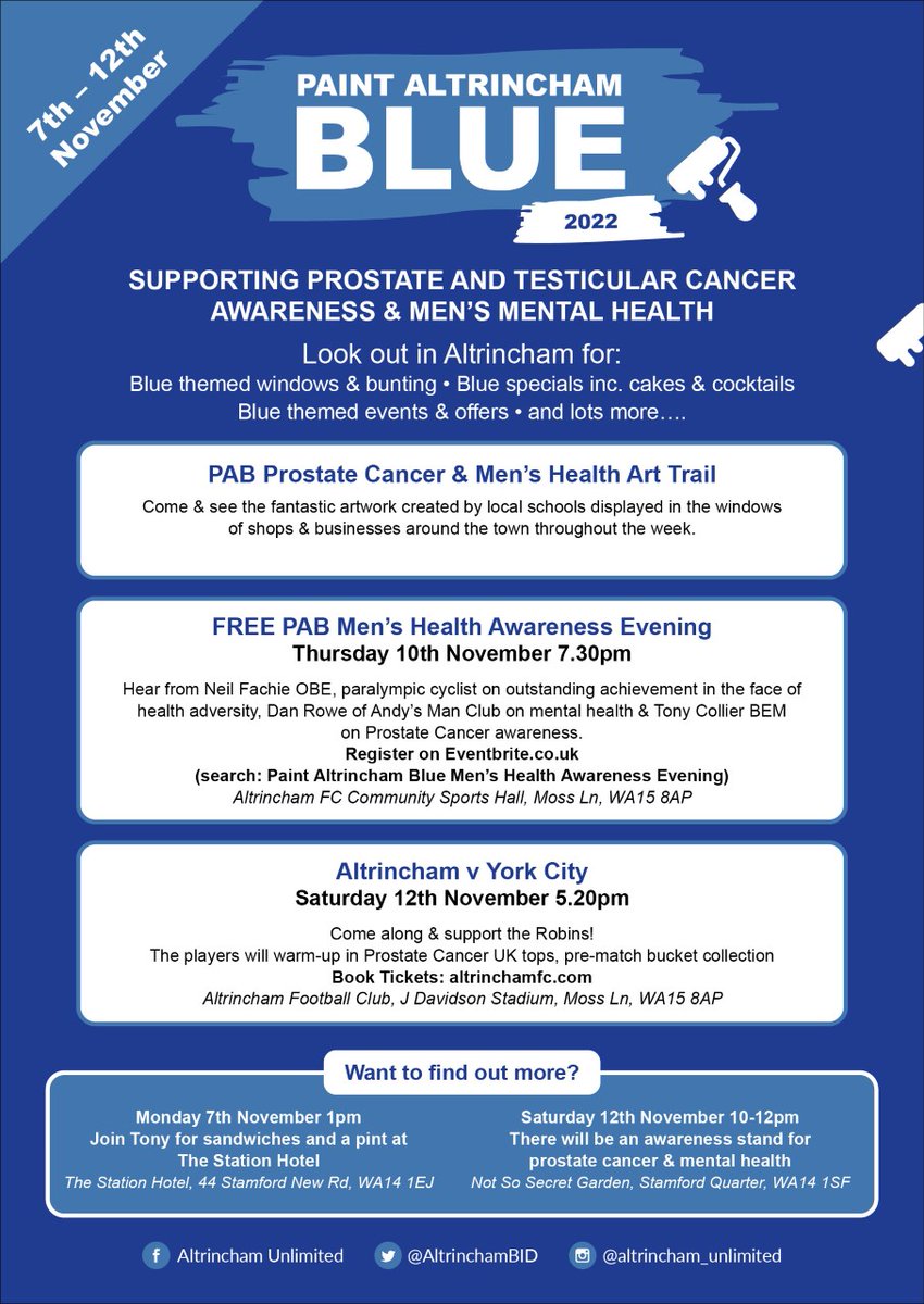 PAINT ALTRINCHAM BLUE - FREE PAB MEN'S MENTAL HEALTH AWARENESS EVENING

Altrincham FC Community Sports are delighted to provide our Community Sports Hall for such an important event! 

Thurs 10th November at 7.30pm

<a href="/AndysmanclubALT/">AndysManClub Altrincham</a> <a href="/ProstateUK/">Prostate Cancer UK</a> <a href="/neilfachie/">Neil Fachie OBE</a>