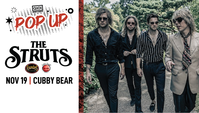 Q101Chicago's tweet photo. Let's do it again! A FREE pop up with @TheStruts and @AEIR_official @cubbybear on the 19th! 21+ first come first serve with your free ticket, download it now! Sponsored by @foundersbrewing &amp; @SpitefulBrewing. <3 @laurenoneil https://t.co/yyLfnHR90l https://t.co/cWsh8EzRMG