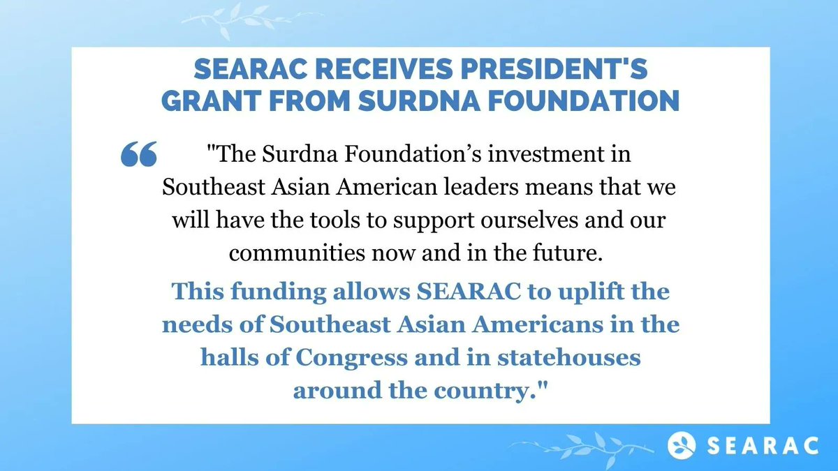 SEARAC (@searac) on Twitter photo SEARAC is proud to announce that we are the recipients of an award from <a href="/Surdna_Fndn/">Surdna Foundation</a>! These funds support SEARAC's #immigration policy advocacy & our continued efforts to create a workplace culture of care! Read more here: buff.ly/3DxAqv7 SEARAC is proud to announce that we are the recipients of an award from <a href="/Surdna_Fndn/">Surdna Foundation</a>! These funds support SEARAC's #immigration policy advocacy & our continued efforts to create a workplace culture of care! Read more here: buff.ly/3DxAqv7