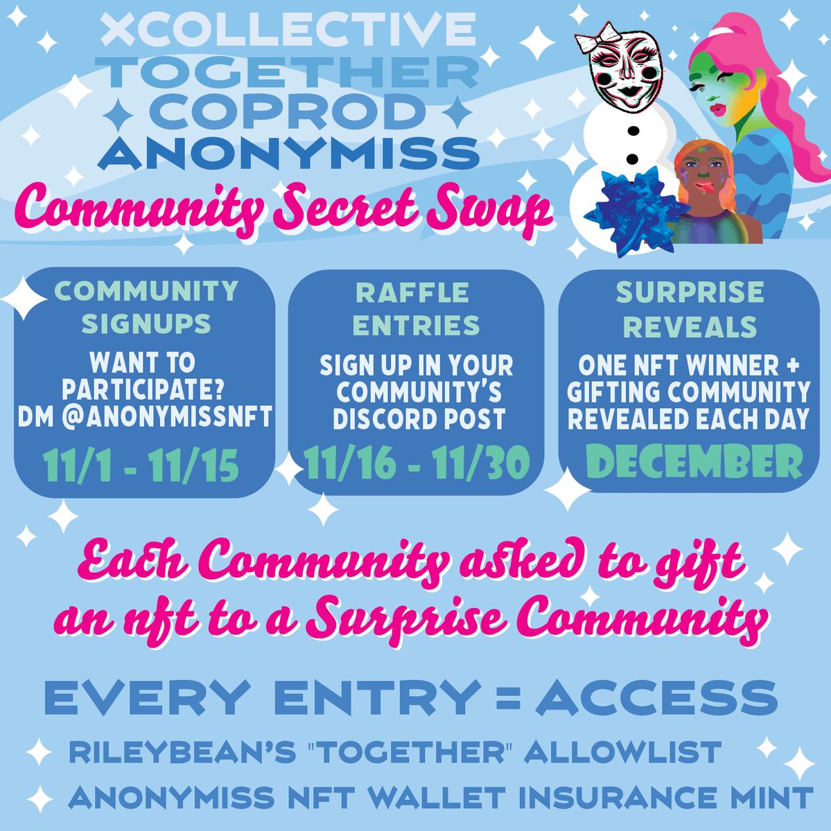anonymissNFT (@anonymissnft) on Twitter photo In the spirit of the season @rileybeans_eth, <a href="/anonymissNFT/">anonymissNFT</a>, <a href="/xcollectiv/">xCollective | web3 jobs and fair pay</a> & <a href="/CoProdNFTs/">CoProd</a> are teaming up to harness the power of TOGETHERNESS for an inclusive inter-community❄️Holiday Secret Swap❄️Everyone's invited! Plus check out the ALPHA below on all our upcoming BIG MOVES! In the spirit of the season @rileybeans_eth, <a href="/anonymissNFT/">anonymissNFT</a>, <a href="/xcollectiv/">xCollective | web3 jobs and fair pay</a> & <a href="/CoProdNFTs/">CoProd</a> are teaming up to harness the power of TOGETHERNESS for an inclusive inter-community❄️Holiday Secret Swap❄️Everyone's invited! Plus check out the ALPHA below on all our upcoming BIG MOVES!