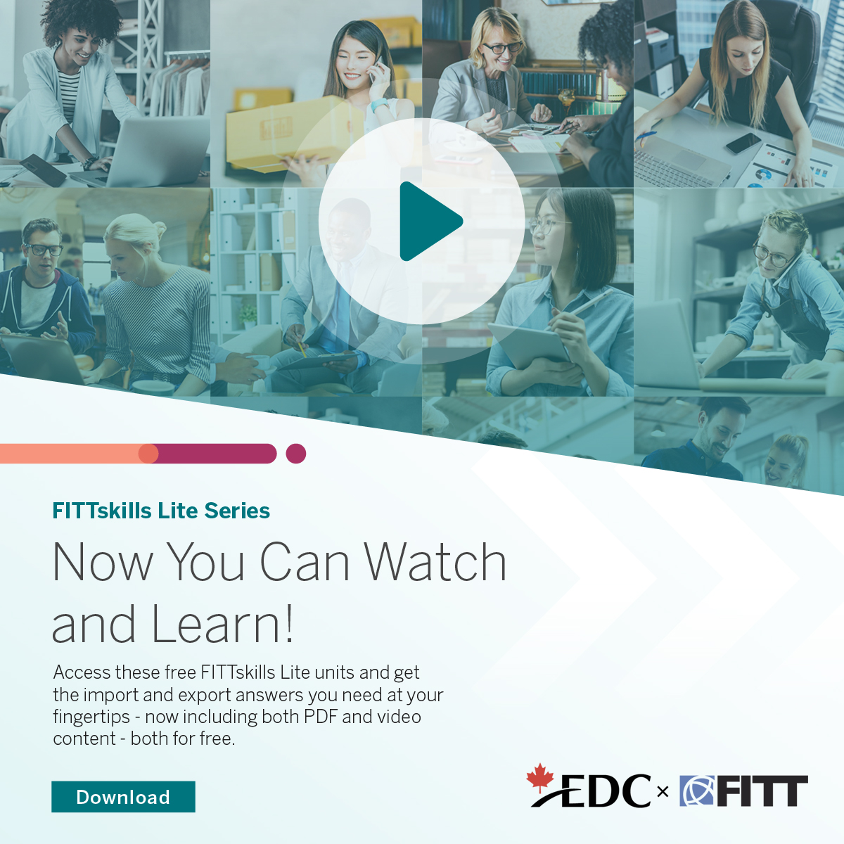 FITTNews's tweet photo. 🆕 Now you can watch &amp; learn with EDC x FITT Lite Learning video content.  ▶️

#CITPs will guide you through each topic &amp; share practical examples in these 12 free FITTskills Lite units.

Explore the videos 👉 https://t.co/L4PxOZJJDn
#WatchandLearn #FSLVideo 
@ExportDevCanada https://t.co/e96uPxzIxK
