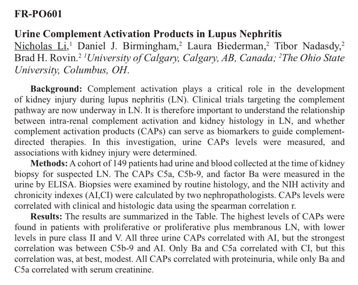 edgarvlermamd's tweet image. Urine Complement Activation Products in Lupus Nephritis by @BradRovin 
@ASNKidney #KidneyWk Poster Tour #Nephpearls