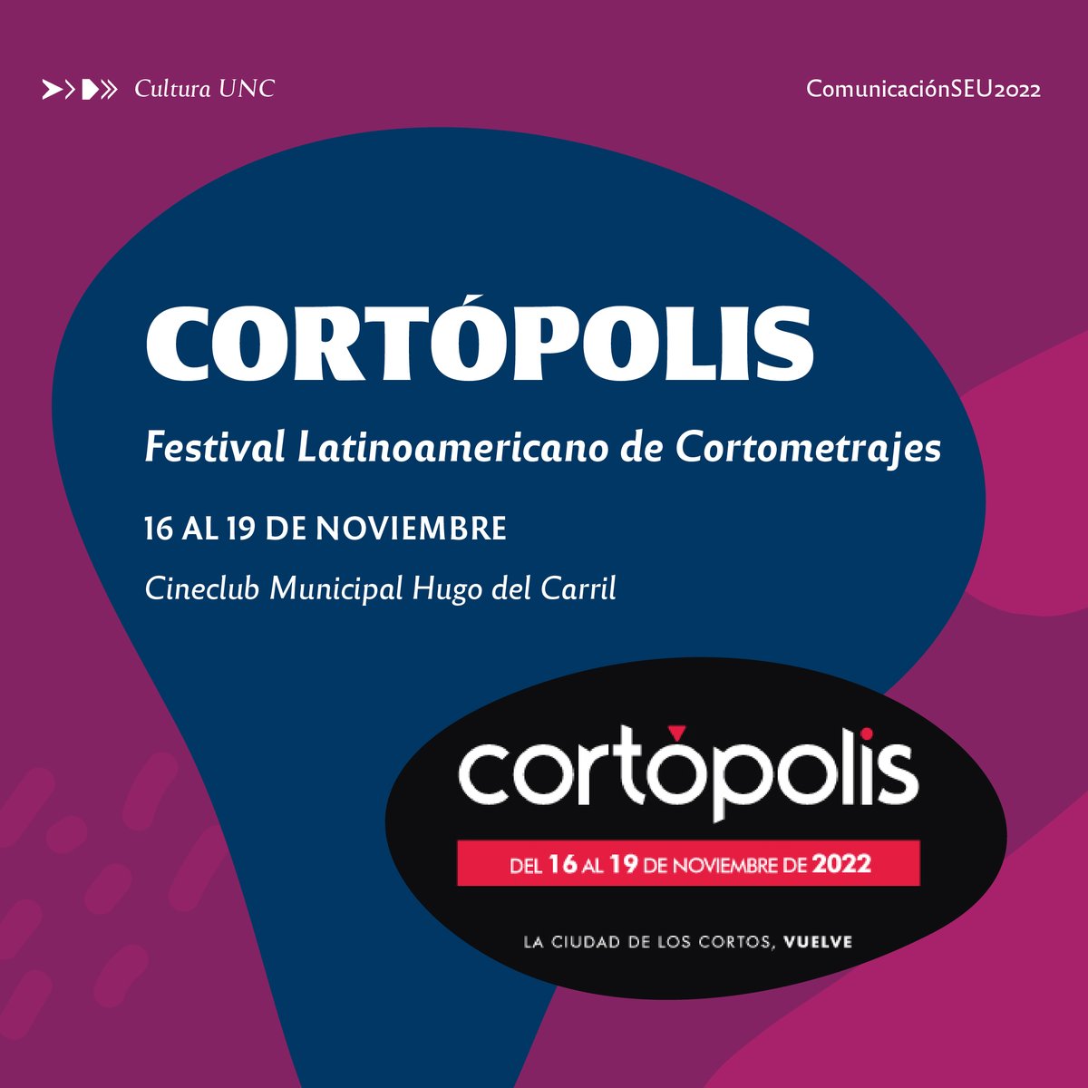 UncExtension's tweet photo. CORTÓPOLIS 2022 🎞️

El Festival Latinoamericano de Cortometrajes @cortopolis se realizará del 16 al 19 de noviembre en el Cineclub Municipal Hugo del Carril de la ciudad de Córdoba, y a través de su plataforma https://t.co/MsNokSTdha.

Más información 👉 https://t.co/zfq2beDXaw https://t.co/ukyxxrKhqw