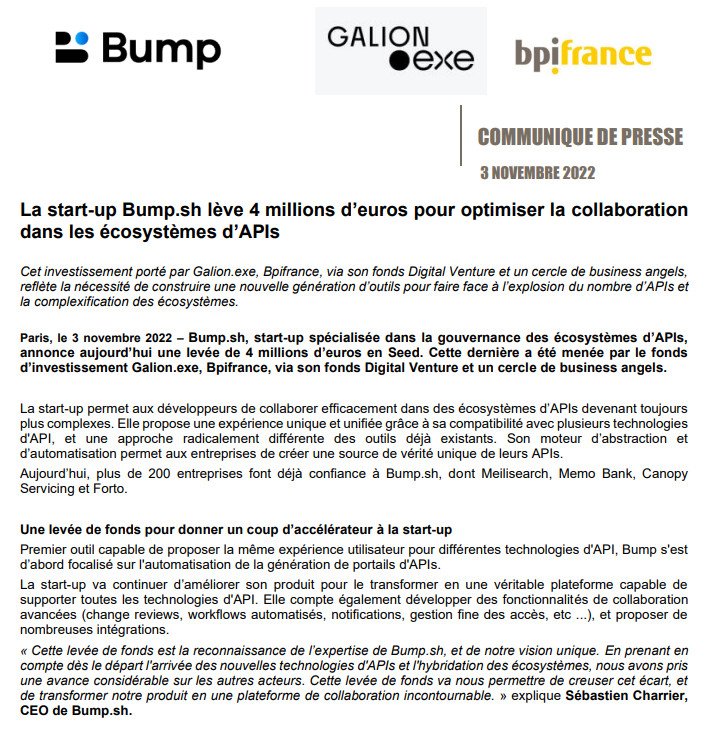 La start-up <a href="/bump_hq/">Bump.sh</a> lève 4M€ auprès notamment de <a href="/galionexe/">Galion.exe</a> et <a href="/BpifranceDV/">Bpifrance Digital Venture</a> pour pour optimiser la collaboration dans les écosystèmes d’APIs 

👉bit.ly/3ND0ARH